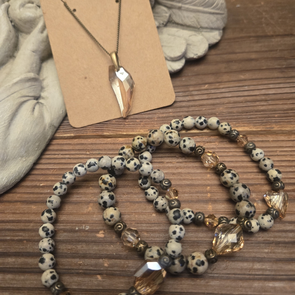 Elegant Dalmatian Jasper Bracelet and Pendant Set